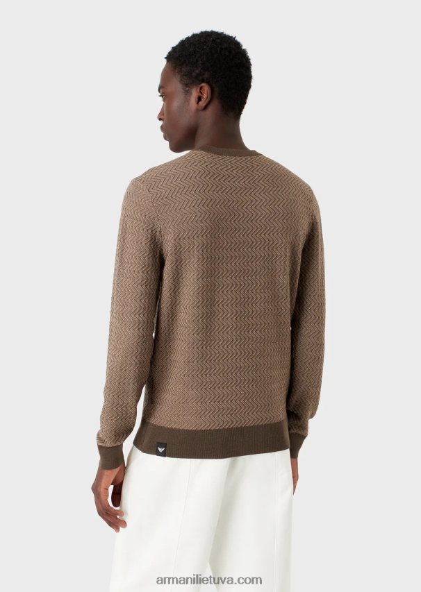 vyrų karinė žalia Armani vilnos džemperis su žakardo ševrono motyvais 02482X1233