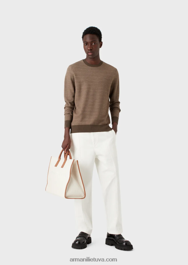 vyrų karinė žalia Armani vilnos džemperis su žakardo ševrono motyvais 02482X1233