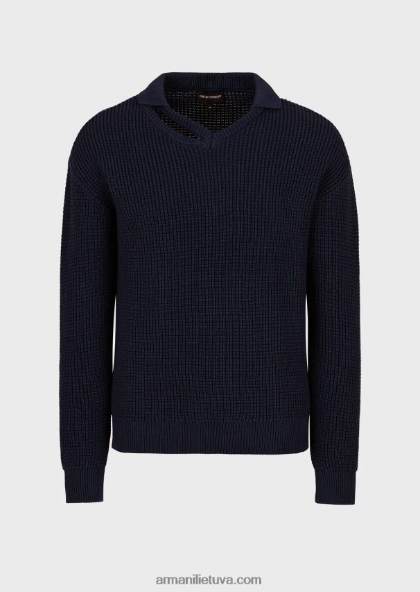 vyrų mėlyna Armani angliškas šonkaulių megztinis su akute ant peties 02482X1257