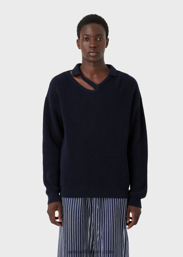 vyrų mėlyna Armani angliškas šonkaulių megztinis su akute ant peties 02482X1257