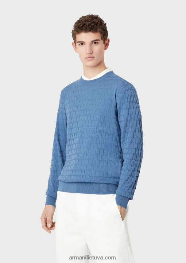 vyrų mėlyna Armani grynos vilnos megztinis su geometriniu žakardo motyvu 02482X1246