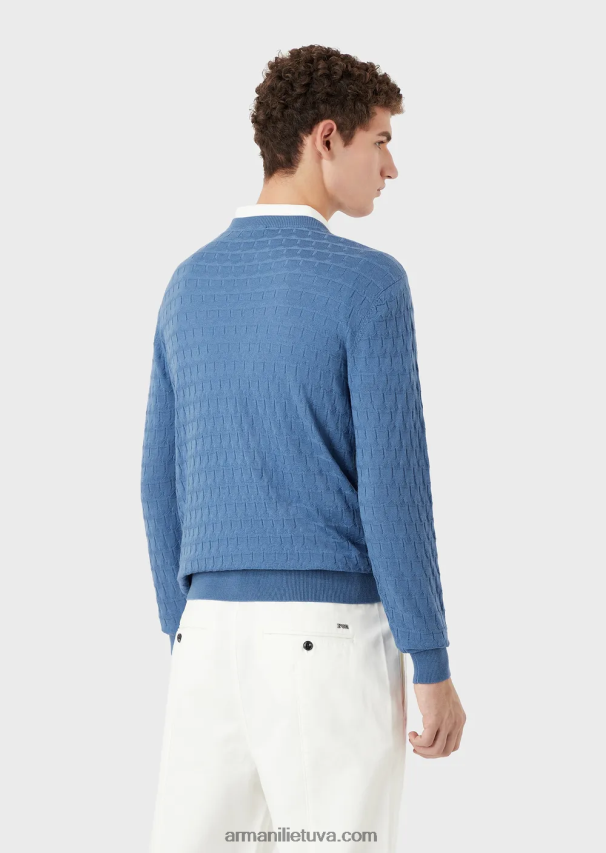 vyrų mėlyna Armani grynos vilnos megztinis su geometriniu žakardo motyvu 02482X1246