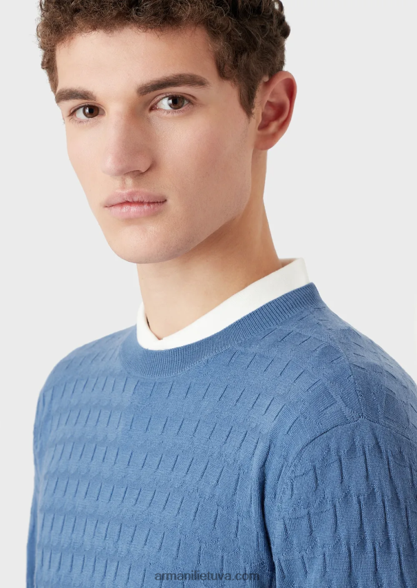 vyrų mėlyna Armani grynos vilnos megztinis su geometriniu žakardo motyvu 02482X1246