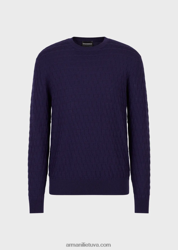 vyrų mėlynas laivynas Armani grynos vilnos megztinis su geometriniu žakardo motyvu 02482X1247