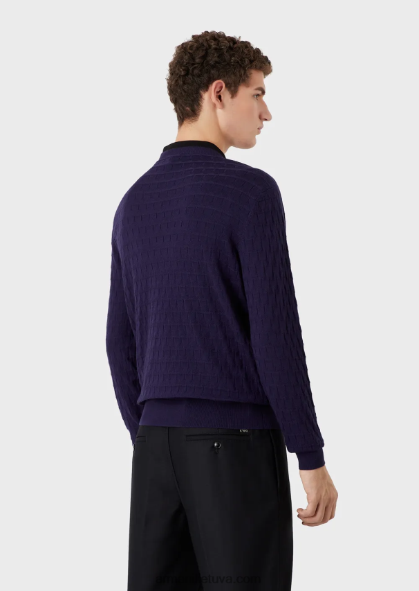 vyrų mėlynas laivynas Armani grynos vilnos megztinis su geometriniu žakardo motyvu 02482X1247
