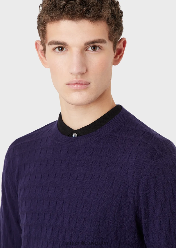 vyrų mėlynas laivynas Armani grynos vilnos megztinis su geometriniu žakardo motyvu 02482X1247