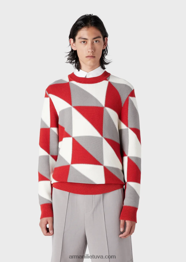 vyrų modelis Armani džemperis su kratinio efekto patikrinimo intarsija 02482X1264