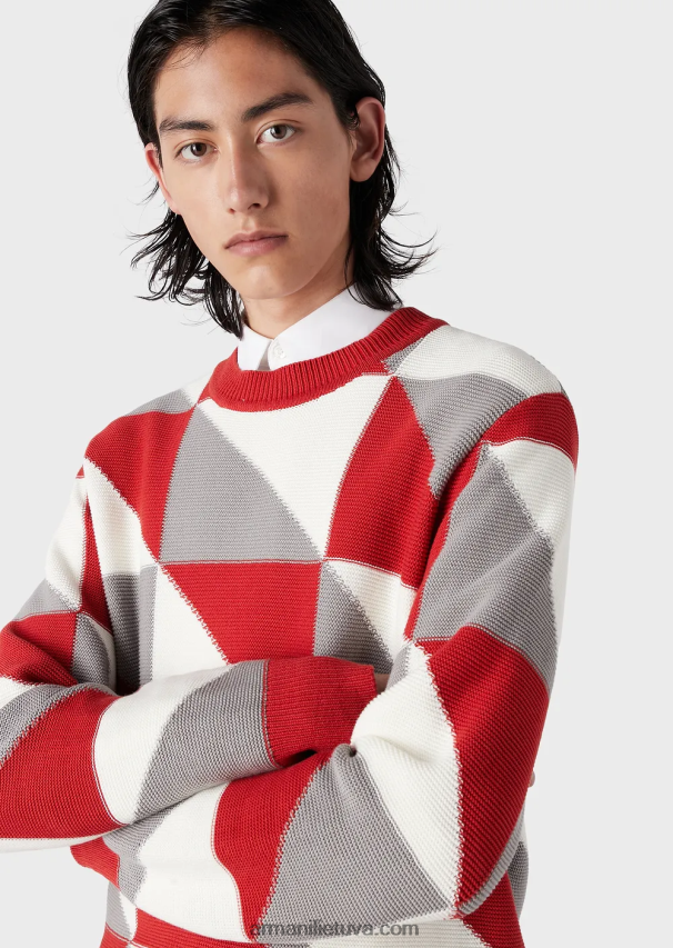 vyrų modelis Armani džemperis su kratinio efekto patikrinimo intarsija 02482X1264