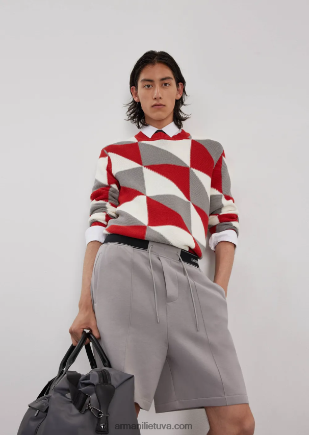 vyrų modelis Armani džemperis su kratinio efekto patikrinimo intarsija 02482X1264