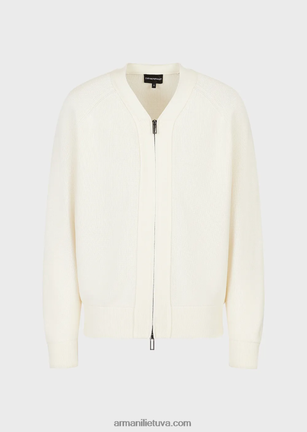 vyrų pieno baltumo Armani angliškas megztas megztinis su V formos iškirpte su užtrauktuku iš vilnos mišinio 02482X1221