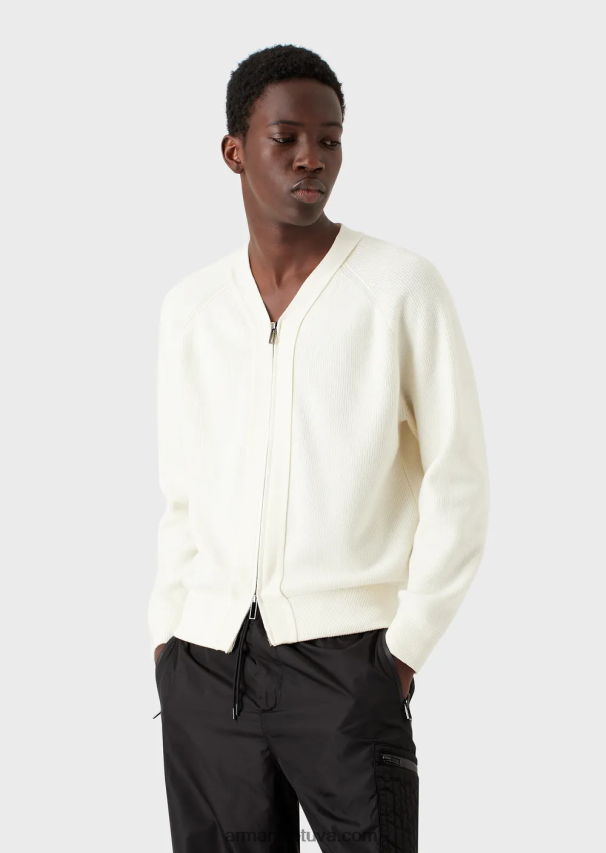 vyrų pieno baltumo Armani angliškas megztas megztinis su V formos iškirpte su užtrauktuku iš vilnos mišinio 02482X1221