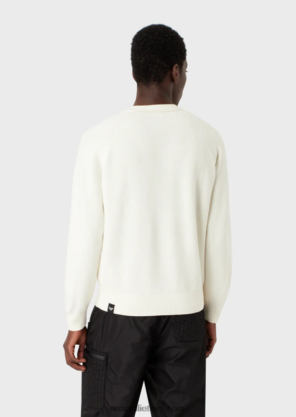 vyrų pieno baltumo Armani angliškas megztas megztinis su V formos iškirpte su užtrauktuku iš vilnos mišinio 02482X1221