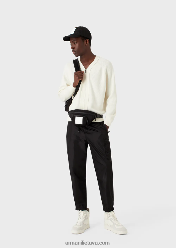 vyrų pieno baltumo Armani angliškas megztas megztinis su V formos iškirpte su užtrauktuku iš vilnos mišinio 02482X1221