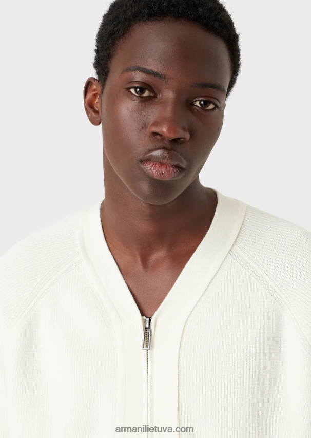 vyrų pieno baltumo Armani angliškas megztas megztinis su V formos iškirpte su užtrauktuku iš vilnos mišinio 02482X1221