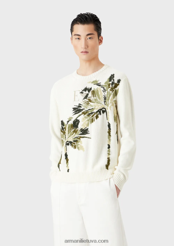 vyrų pieno baltumo Armani paprasto mezgimo megztinis su palmės siuvinėjimu 02482X1254