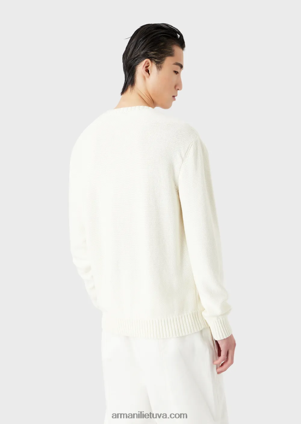 vyrų pieno baltumo Armani paprasto mezgimo megztinis su palmės siuvinėjimu 02482X1254