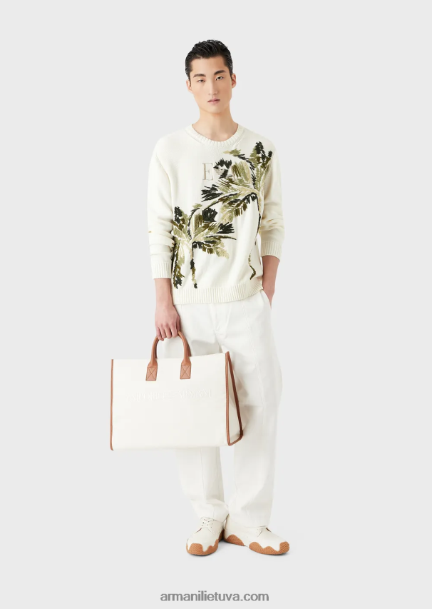 vyrų pieno baltumo Armani paprasto mezgimo megztinis su palmės siuvinėjimu 02482X1254