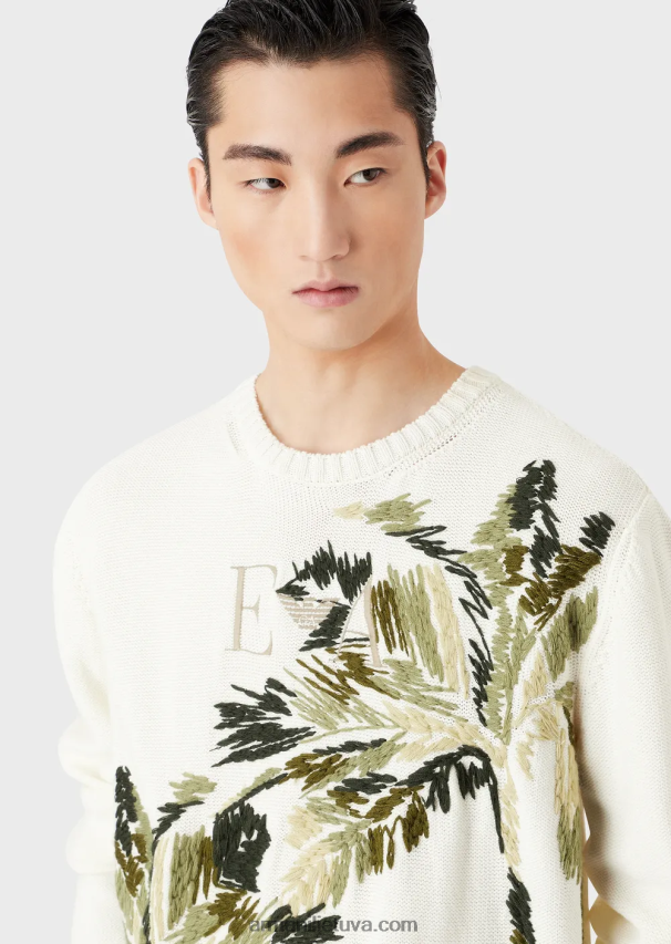 vyrų pieno baltumo Armani paprasto mezgimo megztinis su palmės siuvinėjimu 02482X1254