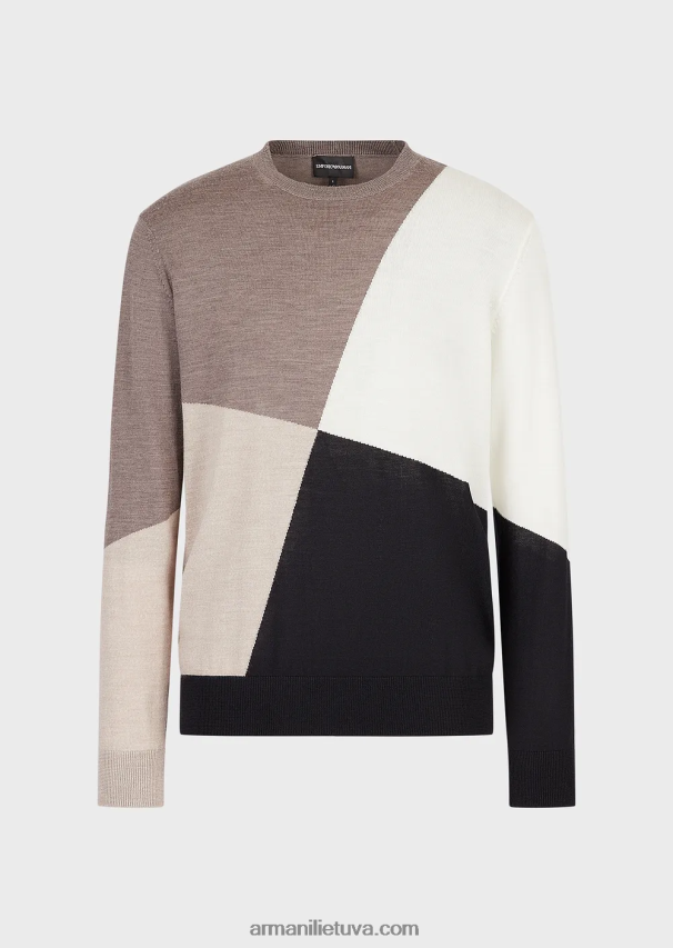 vyrų rudas Armani nekaltos vilnos megztinis su kontrastinga intarsija 02482X1227