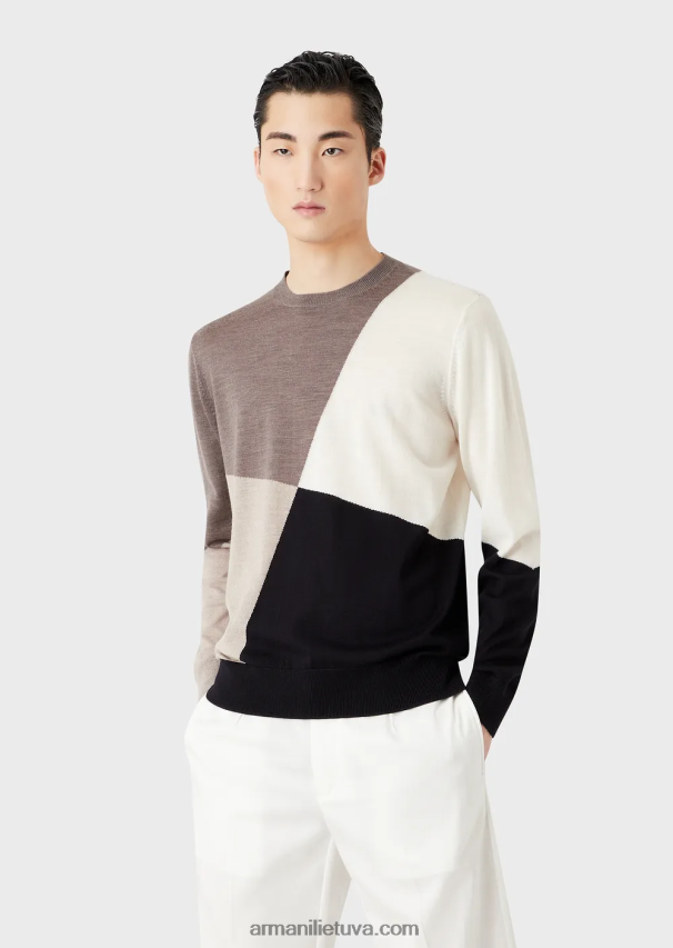 vyrų rudas Armani nekaltos vilnos megztinis su kontrastinga intarsija 02482X1227