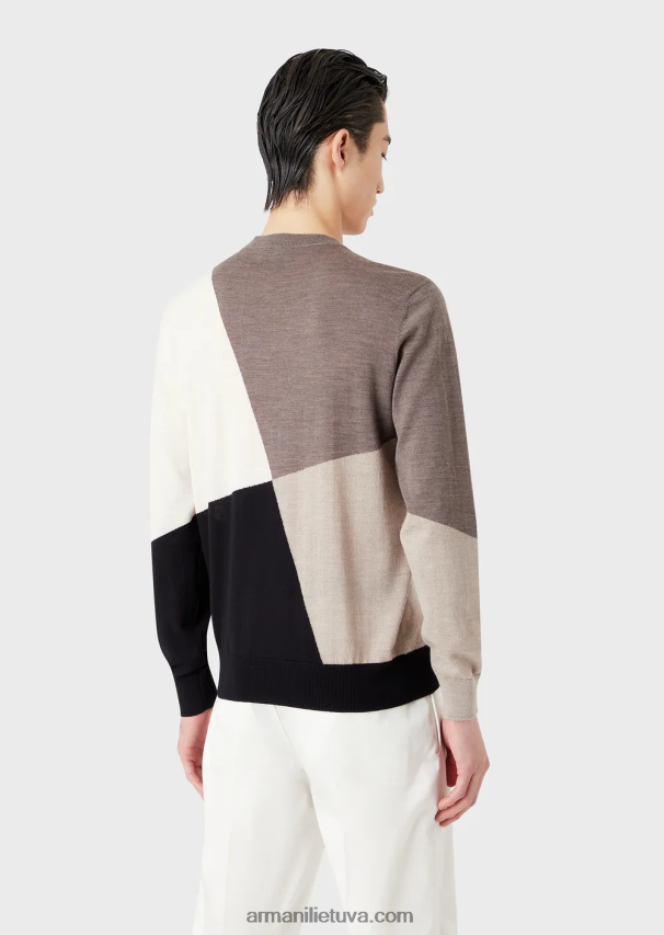 vyrų rudas Armani nekaltos vilnos megztinis su kontrastinga intarsija 02482X1227