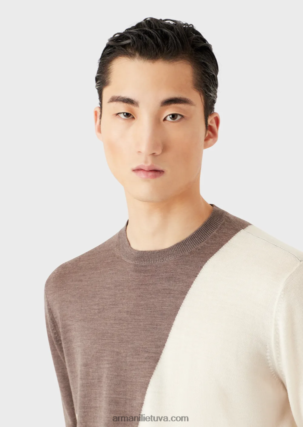 vyrų rudas Armani nekaltos vilnos megztinis su kontrastinga intarsija 02482X1227