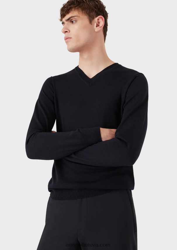 vyrų tamsiai mėlyna Armani V formos kaklo džemperis iš grynos vilnos 02482X1268