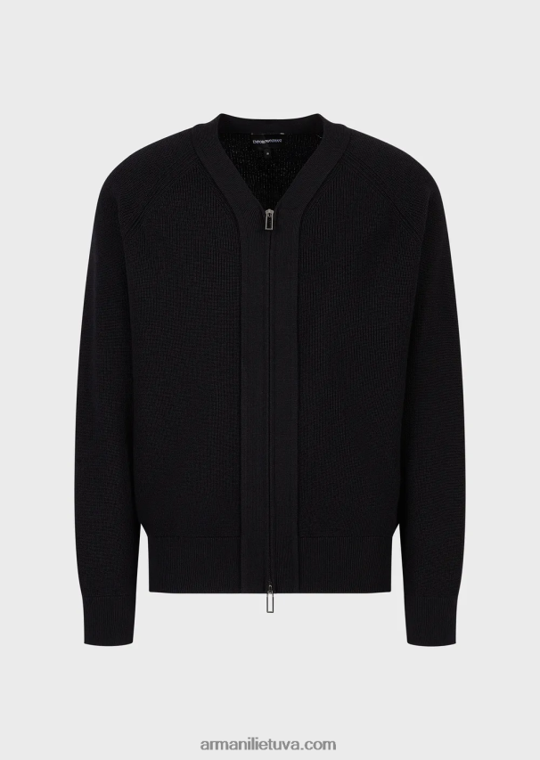 vyrų tamsiai mėlyna Armani angliškas megztas megztinis su V formos iškirpte su užtrauktuku iš vilnos mišinio 02482X1220