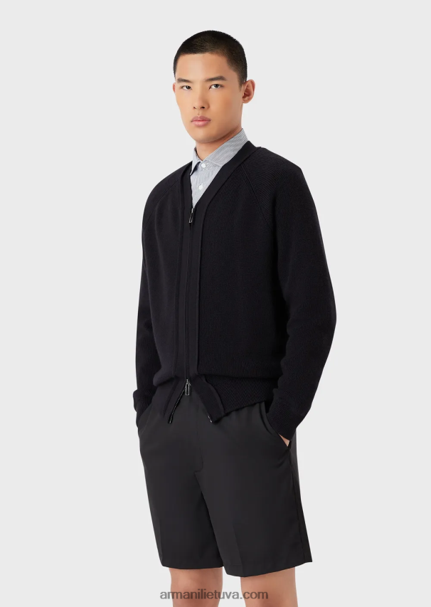 vyrų tamsiai mėlyna Armani angliškas megztas megztinis su V formos iškirpte su užtrauktuku iš vilnos mišinio 02482X1220