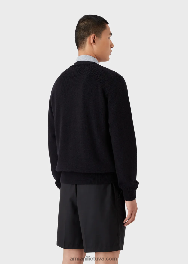 vyrų tamsiai mėlyna Armani angliškas megztas megztinis su V formos iškirpte su užtrauktuku iš vilnos mišinio 02482X1220