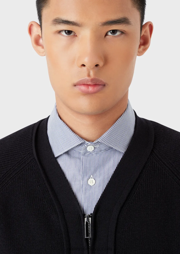 vyrų tamsiai mėlyna Armani angliškas megztas megztinis su V formos iškirpte su užtrauktuku iš vilnos mišinio 02482X1220