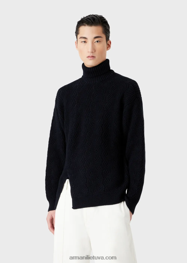 vyrų tamsiai mėlyna Armani angliškas šonkaulių megztas ruloninis kaklas iš grynos vilnos mišinio 02482X1243