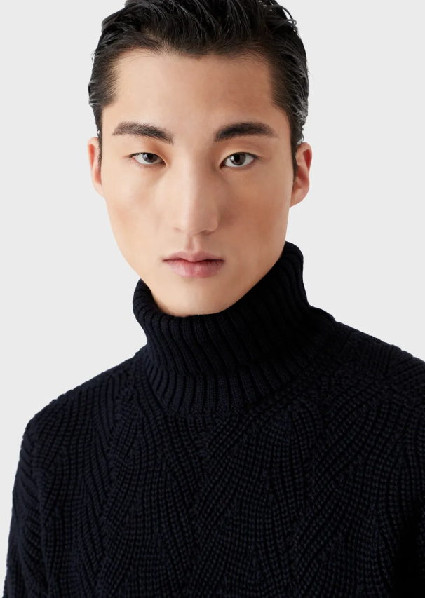 vyrų tamsiai mėlyna Armani angliškas šonkaulių megztas ruloninis kaklas iš grynos vilnos mišinio 02482X1243