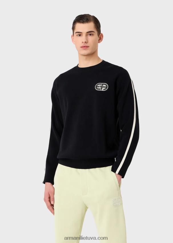 vyrų tamsiai mėlyna Armani dygsniuoto audinio megztinis su lopiniu ir kontrastingomis juostelėmis 02482X1225