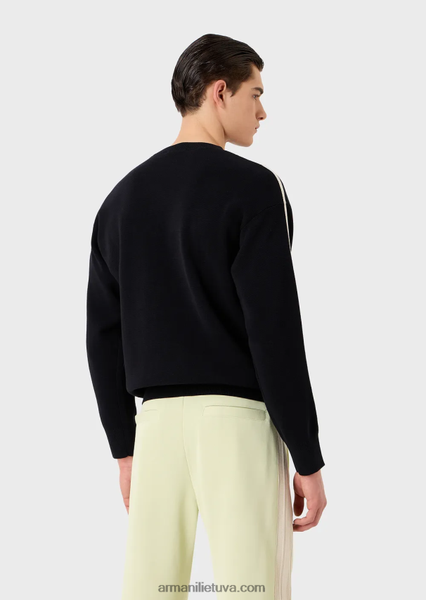 vyrų tamsiai mėlyna Armani dygsniuoto audinio megztinis su lopiniu ir kontrastingomis juostelėmis 02482X1225