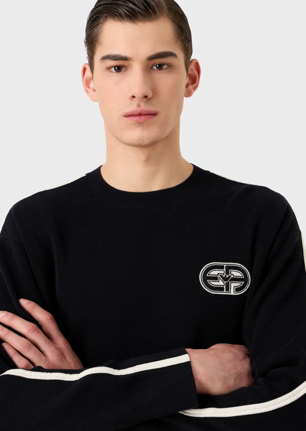 vyrų tamsiai mėlyna Armani dygsniuoto audinio megztinis su lopiniu ir kontrastingomis juostelėmis 02482X1225