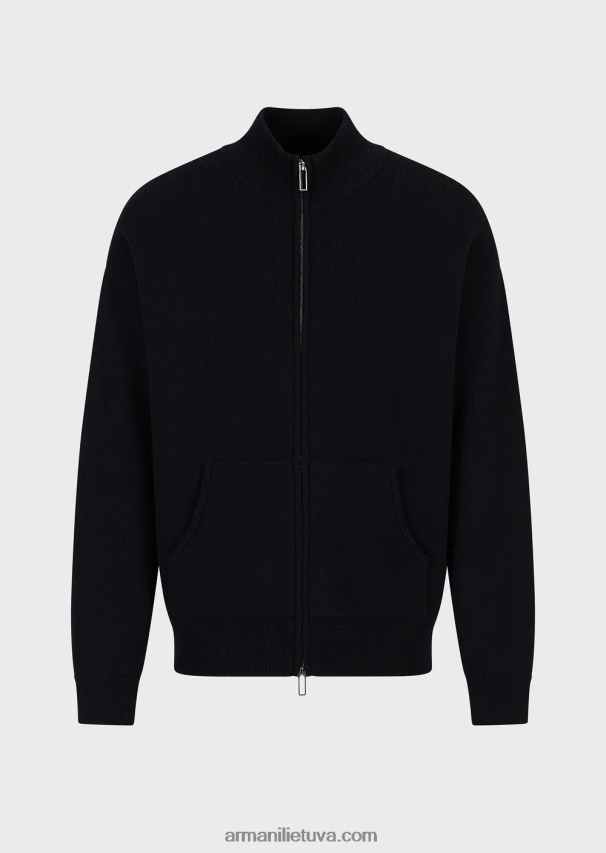 vyrų tamsiai mėlyna Armani grynos vilnos megztinis su pilnu užtrauktuku 02482X1244