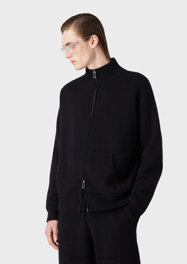 vyrų tamsiai mėlyna Armani grynos vilnos megztinis su pilnu užtrauktuku 02482X1244