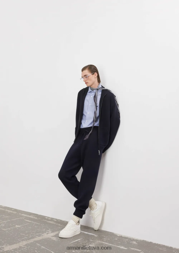 vyrų tamsiai mėlyna Armani grynos vilnos megztinis su pilnu užtrauktuku 02482X1244