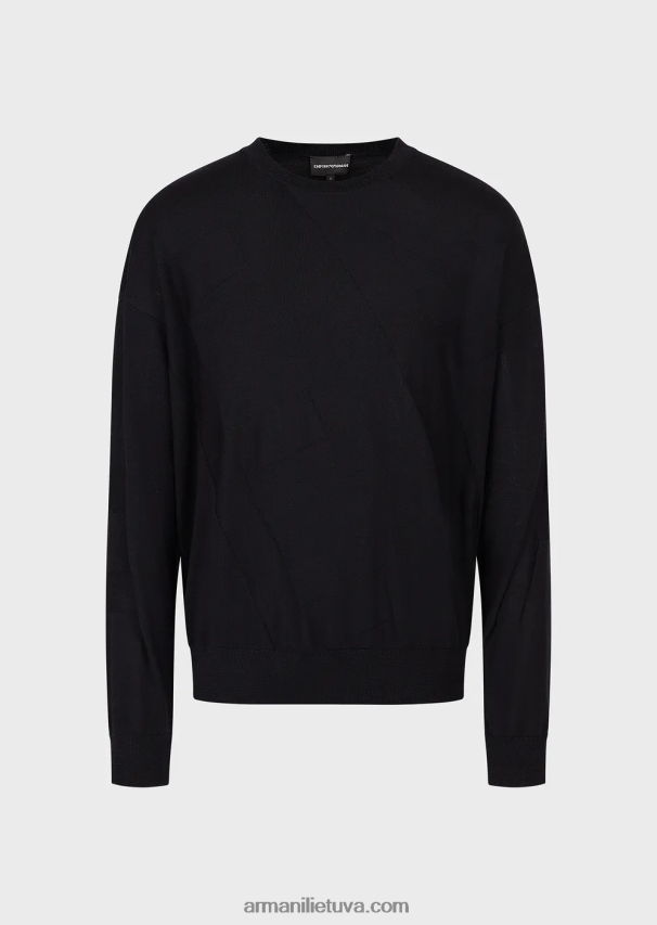 vyrų tamsiai mėlyna Armani nekaltos vilnos megztinis su per dideliu intarsijos trikotažo logotipu 02482X1232