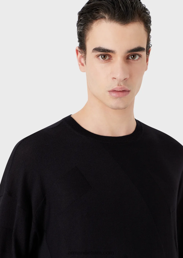 vyrų tamsiai mėlyna Armani nekaltos vilnos megztinis su per dideliu intarsijos trikotažo logotipu 02482X1232