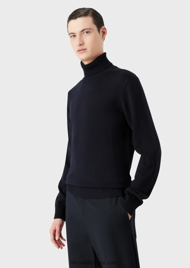 vyrų tamsiai mėlyna Armani nekaltos vilnos įprasto kirpimo džemperis su kaklu 02482X1283