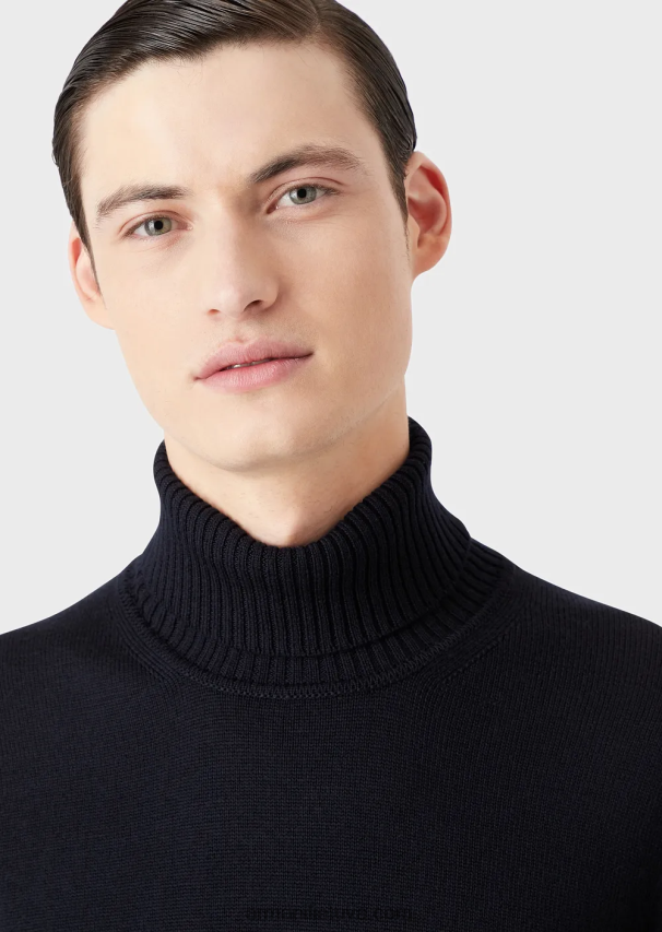 vyrų tamsiai mėlyna Armani nekaltos vilnos įprasto kirpimo džemperis su kaklu 02482X1283