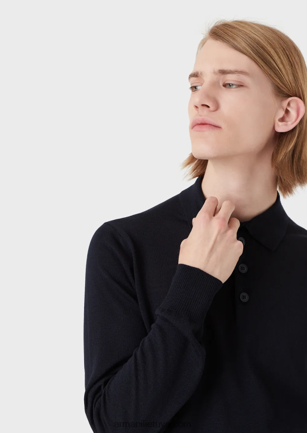 vyrų tamsiai mėlyna Armani vilnonis megztinis su polo apykakle 02482X1275