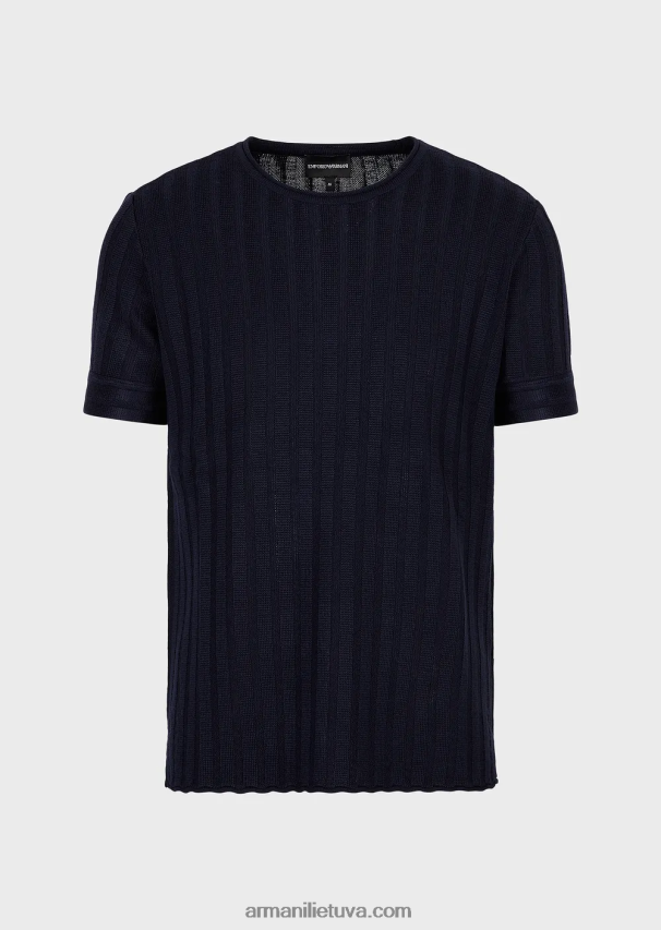 vyrų tamsiai mėlyna Armani vilnos ir liocelio mišinio megztinis su briaunomis ir dygsniu 02482X1251