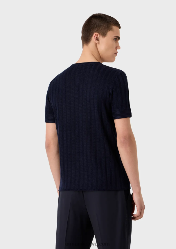 vyrų tamsiai mėlyna Armani vilnos ir liocelio mišinio megztinis su briaunomis ir dygsniu 02482X1251