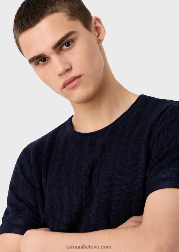 vyrų tamsiai mėlyna Armani vilnos ir liocelio mišinio megztinis su briaunomis ir dygsniu 02482X1251