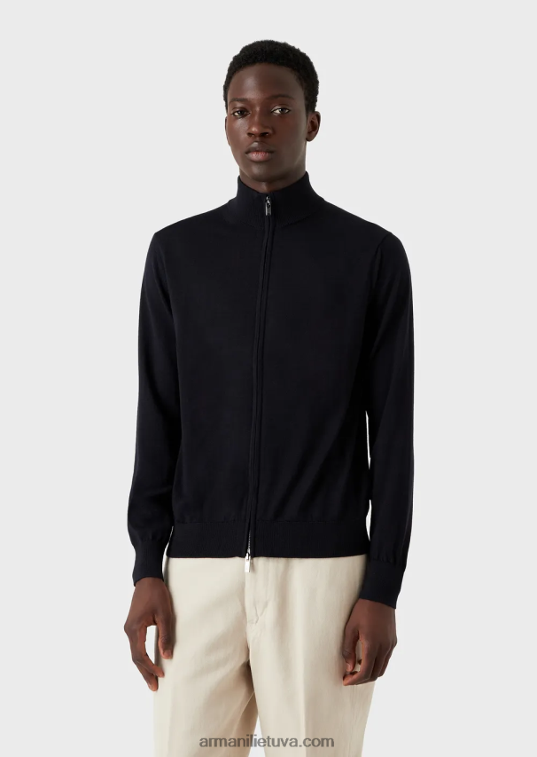 vyrų tamsiai mėlyna Armani vilnos megztinis su pilnai užtrauktuku 02482X1270