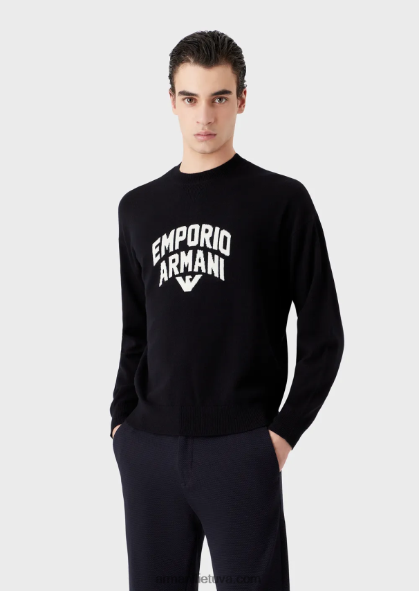 vyrų tamsiai mėlyna Armani vilnos megztinis su ryškiu žakardo logotipu 02482X1222