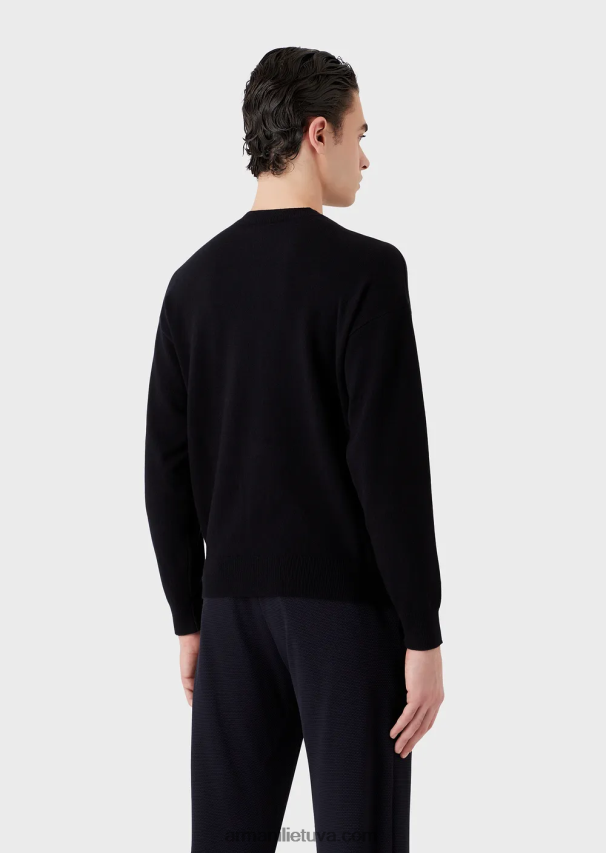 vyrų tamsiai mėlyna Armani vilnos megztinis su ryškiu žakardo logotipu 02482X1222